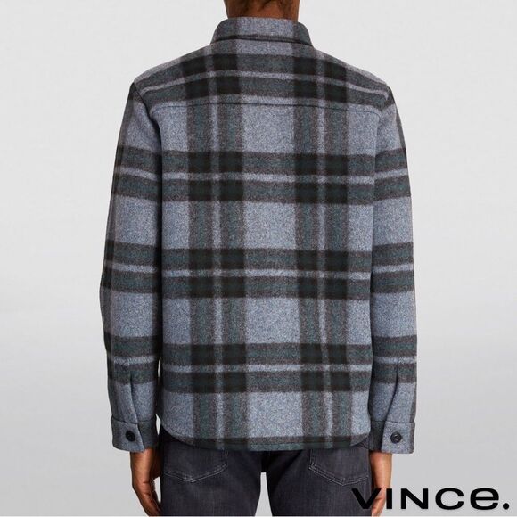 Vince **NWT** Heavy Knit Brushed Flannel Plaid Shirt Jacket in Heather Blue Grey - Picture 12 of 16